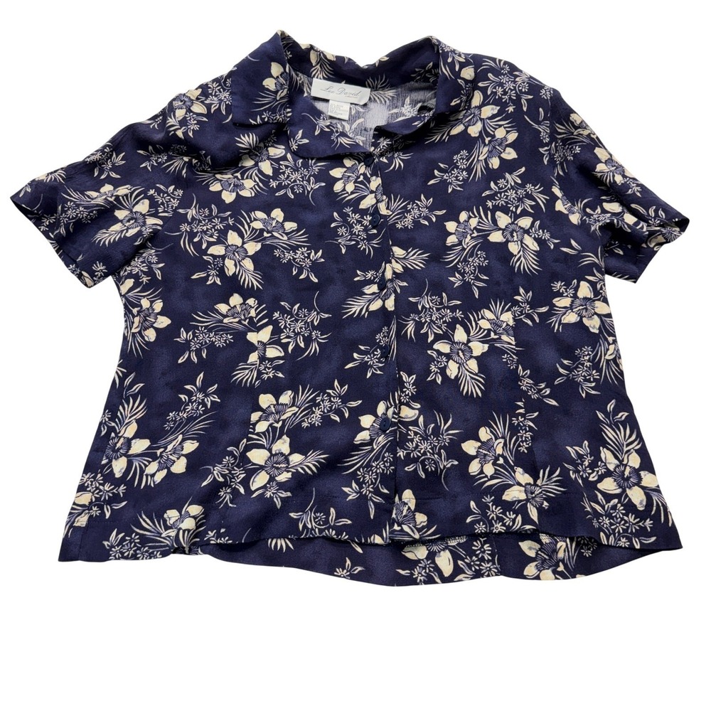 Lee‎ David Floral Rayon Short Sleeve Button Down Shirt Mens Large Navy Blue